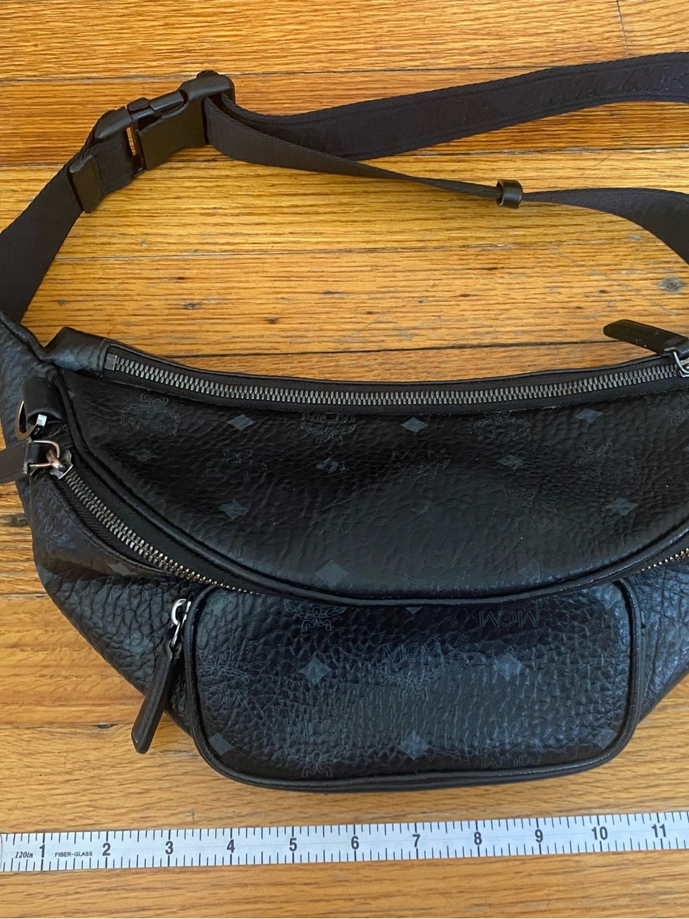 MCM Black Leather Logo-Stamped Crossbody Belt Bag